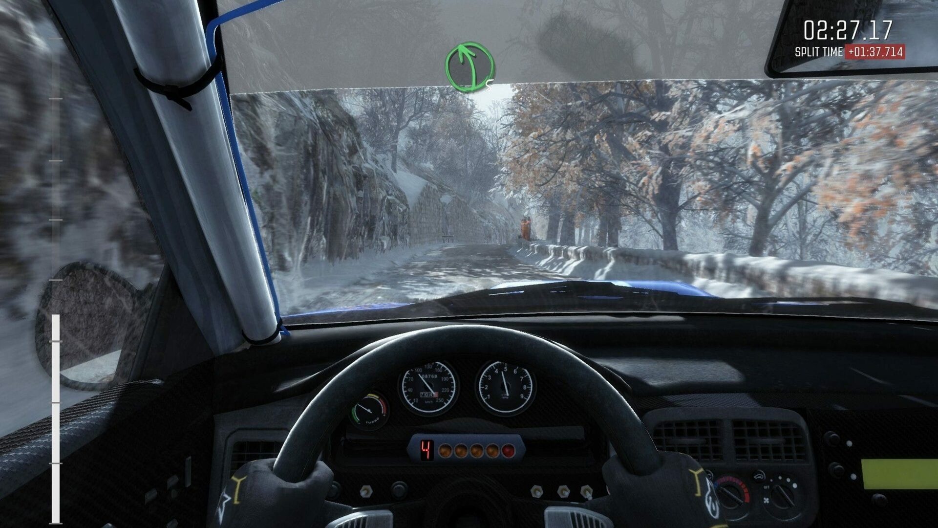 dirt rally driving past snow path